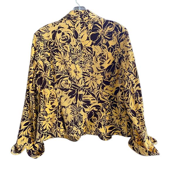Boho Velvet Blazer Sz 12 Yellow & Brown Floral A-LINE Jacket Zip Front Pockets - Picture 5 of 13
